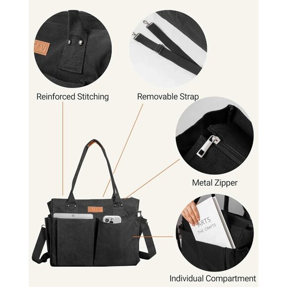 Women's Black 2 Tote Bags Large Utility Bags with Pockets Zip for Teacher Work - Picture 6 of 7